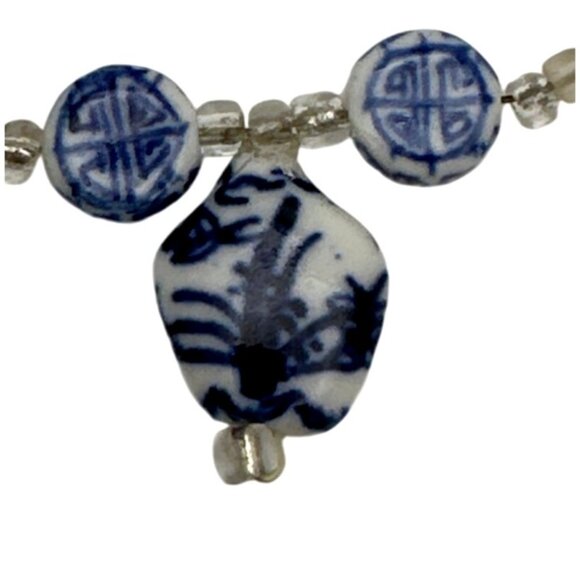 Vintage Blue White Porcelain Bead Bracelet Hand Painted Asian Symbols - Picture 3 of 5